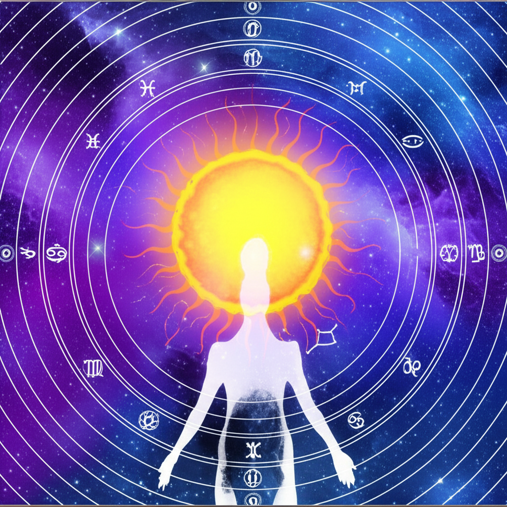 Мистическая иллюстрация, изображающая лучистое Солнце в центре, окруженное знаками зодиака и планетарными орбитами, символизирующая аспекты солнца в натальной карте личность и их влияние на человека.