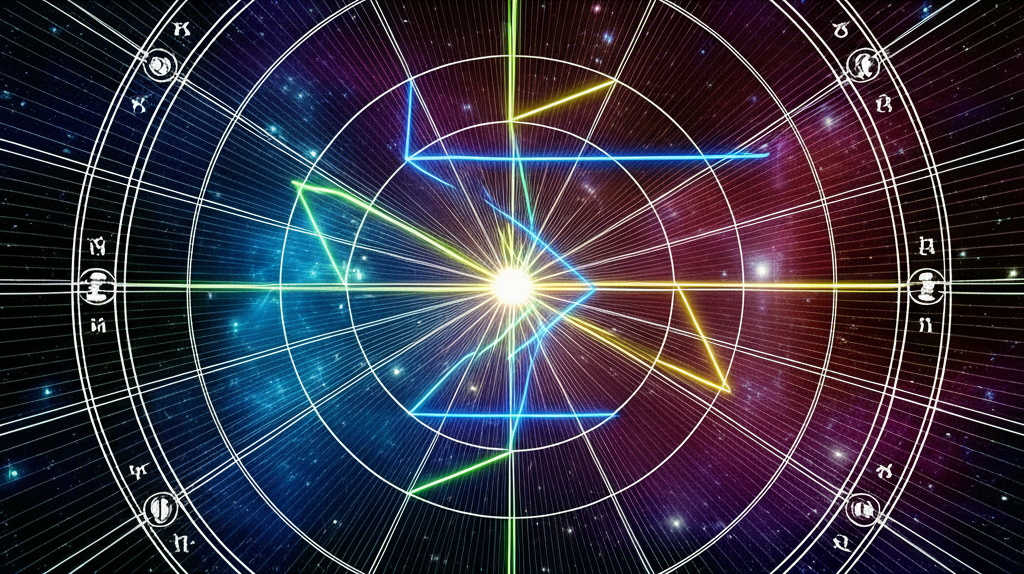 Детальная астрологическая карта, демонстрирующая сложные линии, соединяющие планеты и знаки зодиака, символизирующие разнообразные *аспекты в астрологии* и их энергетическое взаимодействие.