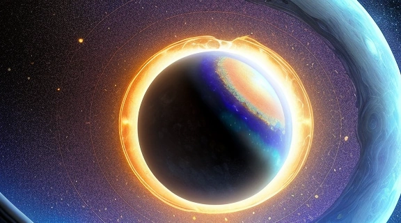 Изображение астероида Хирон, символизирующего ось возмездия и путь исцеления, между орбитами Сатурна и Урана, с тонкими светящимися трещинами, указывающими на раны и целительские способности.