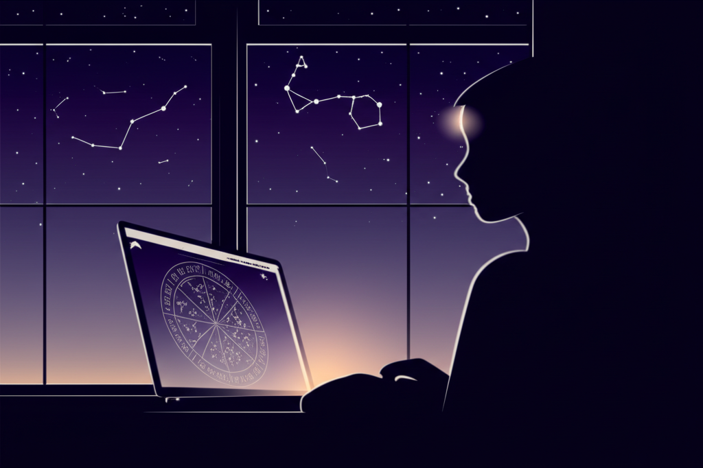 Профессиональный астролог онлайн анализирует натальную карту клиента на экране ноутбука.