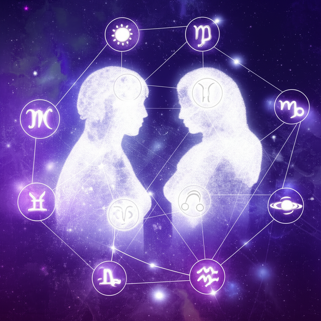 Мистическая иллюстрация, демонстрирующая Астрологические аспекты в любовных отношениях через переплетающиеся фигуры и символы планет, соединенные светящимися линиями на фоне звездного неба.