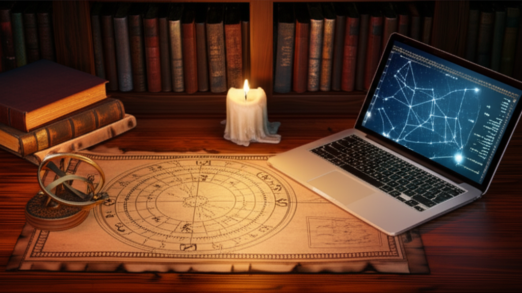 Детальные астрологические расчеты на старинном пергаменте рядом с современным ноутбуком.