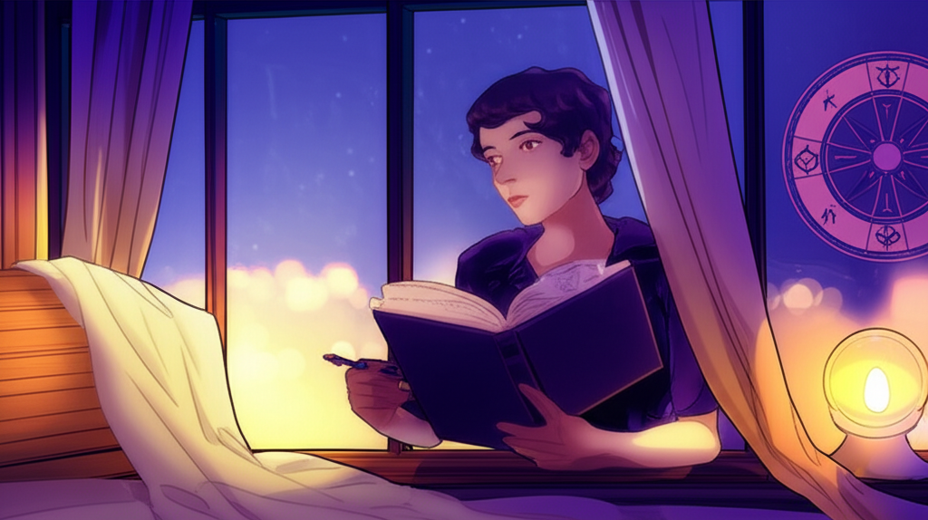 Человек сидит у окна на закате с блокнотом, погруженный в размышления, на фоне видны легкие астрологические символы, что иллюстрирует концепцию «итоги дня по знаку зодиака».