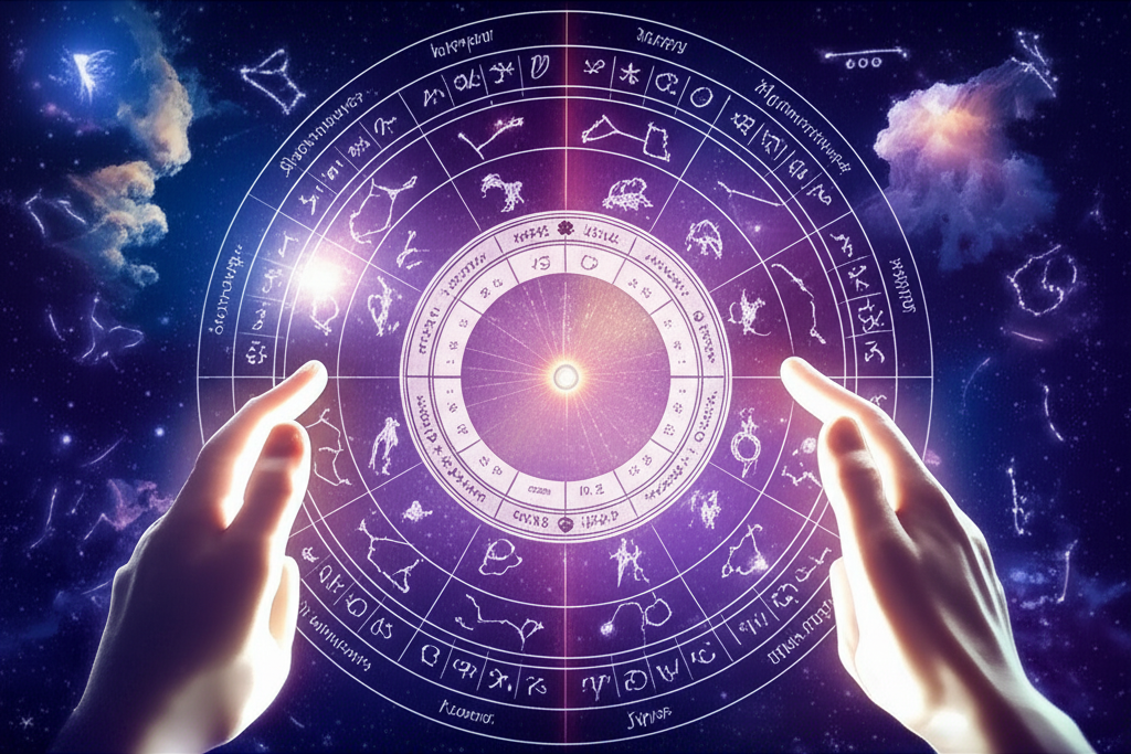 Изображение демонстрирует сложный и детализированный астрологический портрет личности в виде светящейся натальной карты, окруженной космическими элементами.