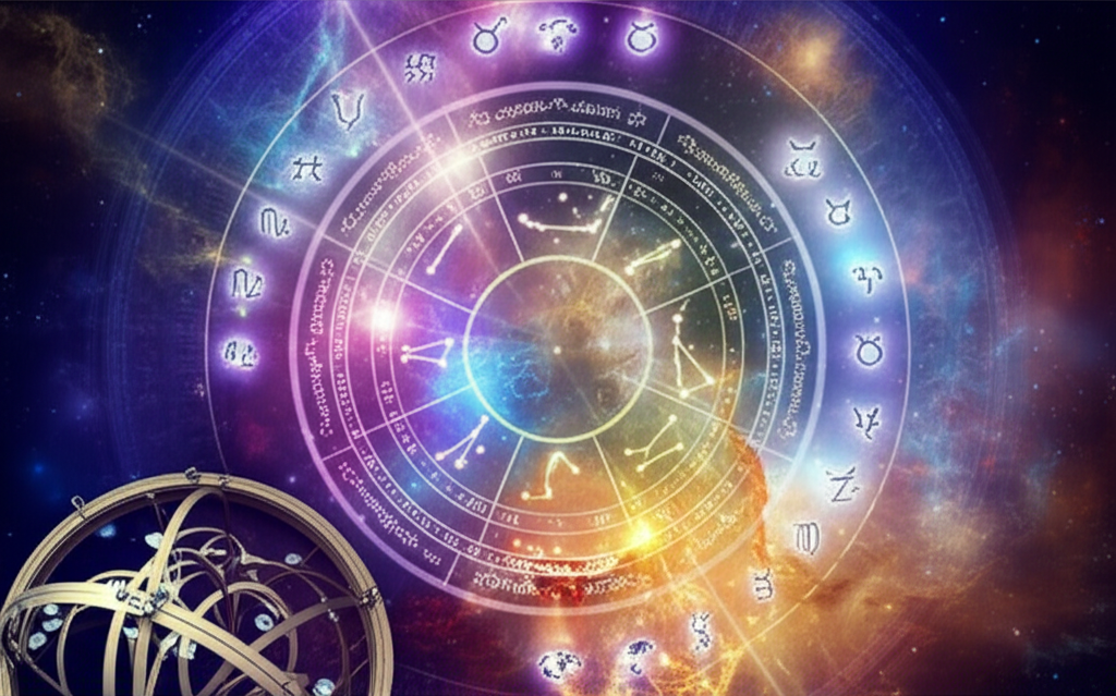 Космический пейзаж с зодиакальными символами и планетами, визуализирующий астрологический прогноз на 2025 год.