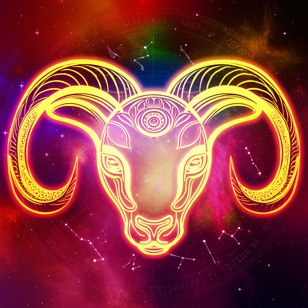 Динамическое изображение, иллюстрирующее астрологический прогноз на месяц для Овна, с символом барана на фоне космических звезд и планетарных символов.