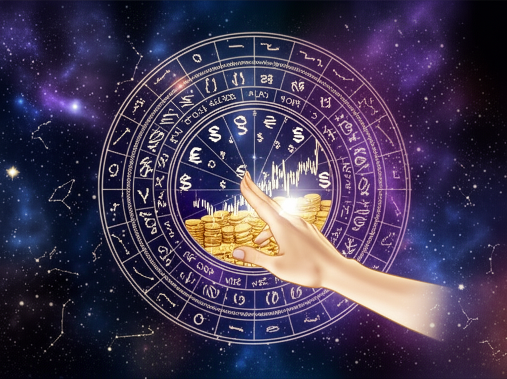 Астрология денег: натальная карта с элементами финансовых символов и космическими мотивами, символизирующая влияние звезд на материальное благополучие и раскрывающая потенциал заработка.