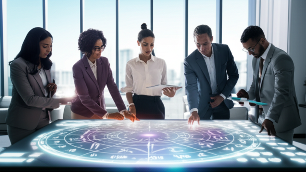 Совещание в современном офисе, где команда обсуждает стратегию, используя принципы астрологии для бизнеса при выборе даты важного события.