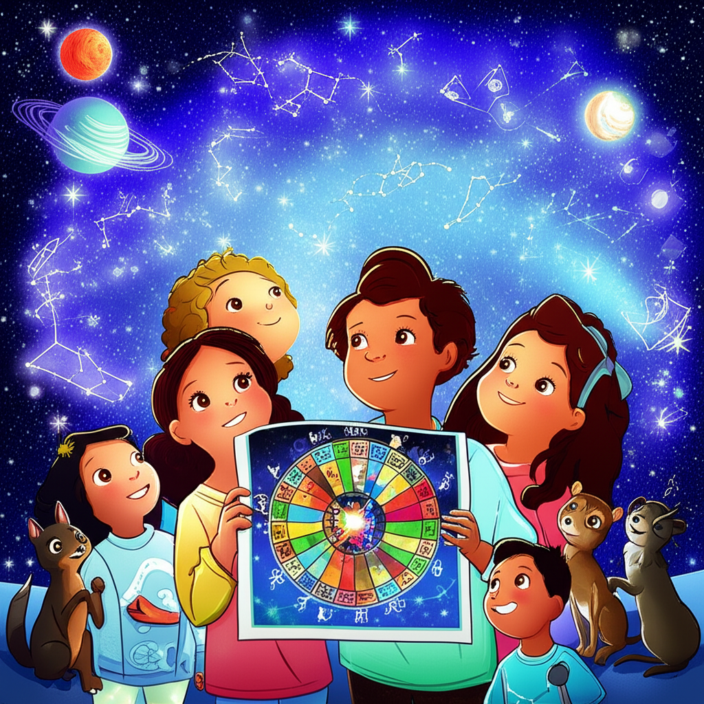Иллюстрация, где дети с любопытством изучают звездное небо, держа в руках упрощенную карту гороскопа, показывающая, как астрология для детей помогает составить гороскоп и исследовать свою уникальность.