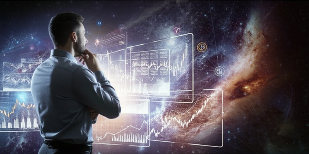 Изображение демонстрирует футуристическую финансовую панель с графиками и цифрами, на фоне которой видны стилизованные созвездия и планеты, символизируя астрологию для инвестиций выбор времени.