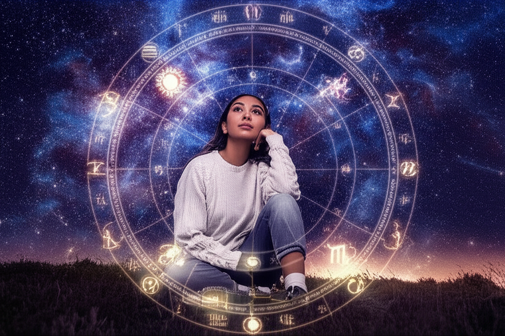 Девушка смотрит на звездное небо с телескопом, окруженная символами астрологии для начинающих, указывающими на космические тайны и путь самопознания.