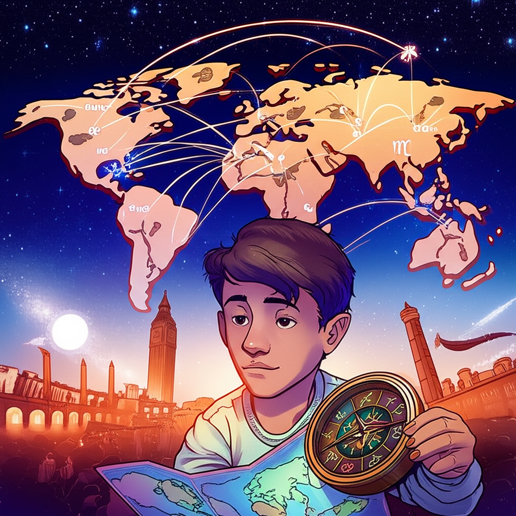 Иллюстрация, демонстрирующая астрология для путешествий выбор направления на карте мира, где зодиакальные символы указывают на идеальные места для отпуска.