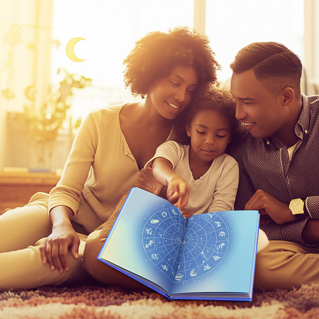 Уютная сцена, где родитель и ребенок рассматривают символы астрологии для родителей, подчеркивая их связь и взаимопонимание.