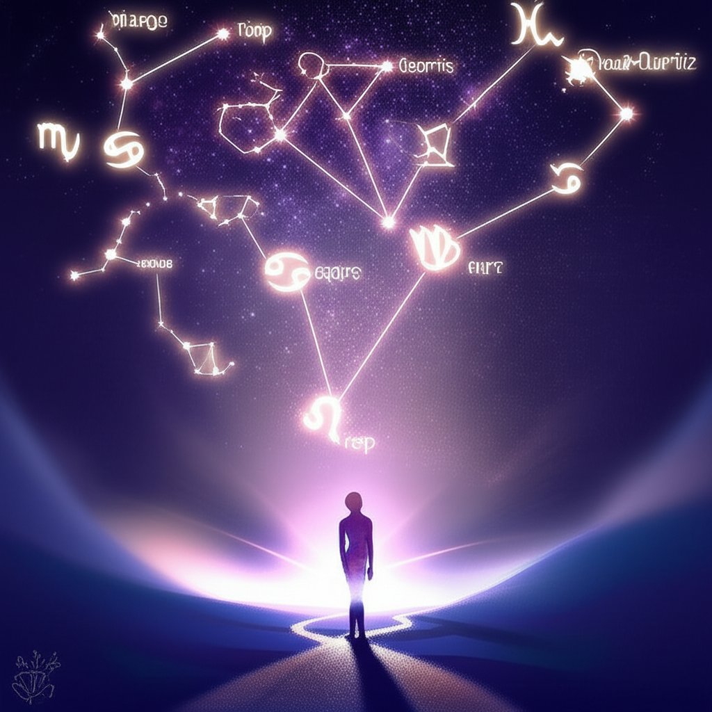 Иллюстрация, символизирующая астрологию для выбора профессии: силуэт человека на перепутье под звездным небом с зодиакальными созвездиями и планетами, указывающими путь.