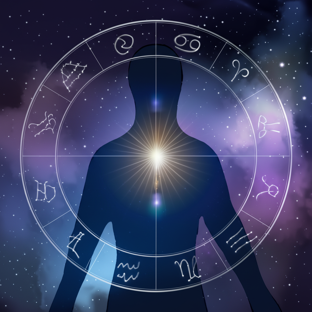 Схематичное изображение связи человека и космоса: астрология и болезни.