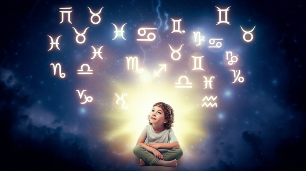Завораживающее изображение ребенка, окруженного светящимися астрологическими символами, символизирующими взаимосвязь между астрология и детские способности и их потенциалом.