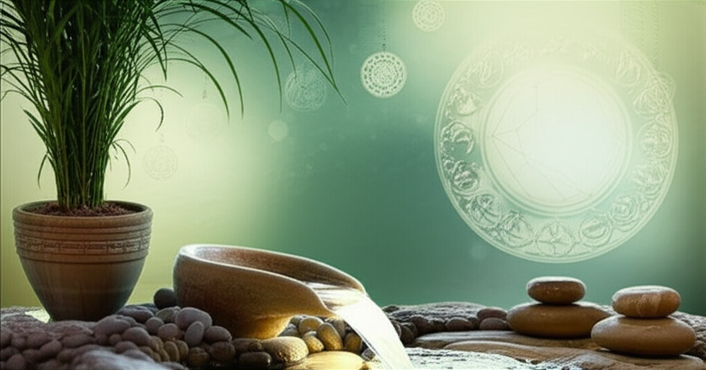 На фоне гармоничного интерьера, демонстрирующего астрология и фен-шуй совместимость практик, видны элементы обоих учений: астрологические символы на стене и предметы фен-шуй, такие как комнатные растения и небольшой фонтан.