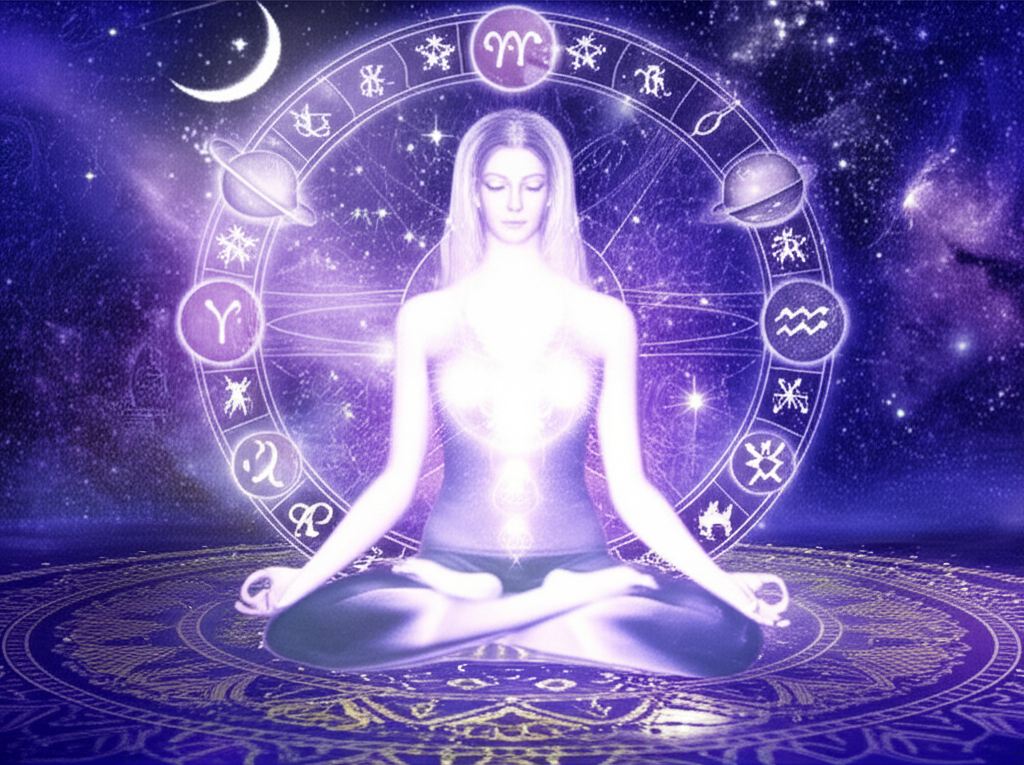 Изображение демонстрирует гармоничное сочетание астрологии и йоги, с медитирующим человеком на фоне звездного неба, окруженным астрологическими символами, подчеркивая единство этих древних практик.