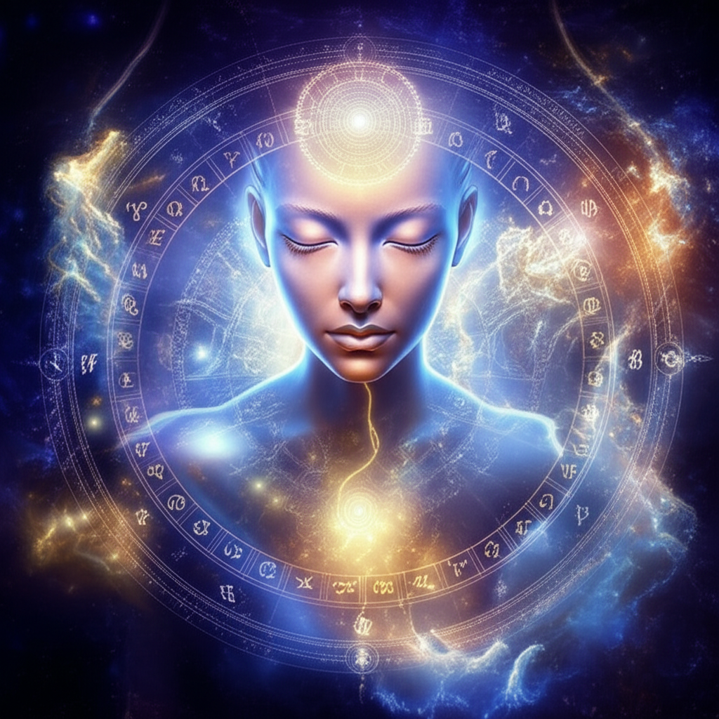 Мистическое изображение, символизирующее взаимосвязь между **астрология и кармические уроки**, с элементами зодиака, космического света и духовного пути человека.