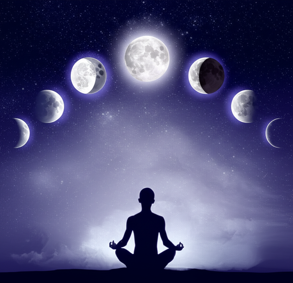 Изображение, демонстрирующее астрология и лунные фазы влияние на человека, с циклическим изображением всех лунных фаз на фоне звездного неба и силуэтом человека.