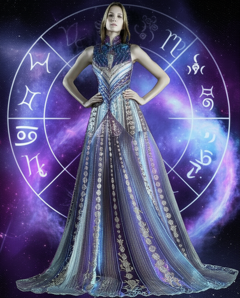 Иллюстрация, демонстрирующая гармоничное слияние астрологии и моды, где элементы зодиакального круга и планет интегрированы в изысканный дизайнерский наряд.