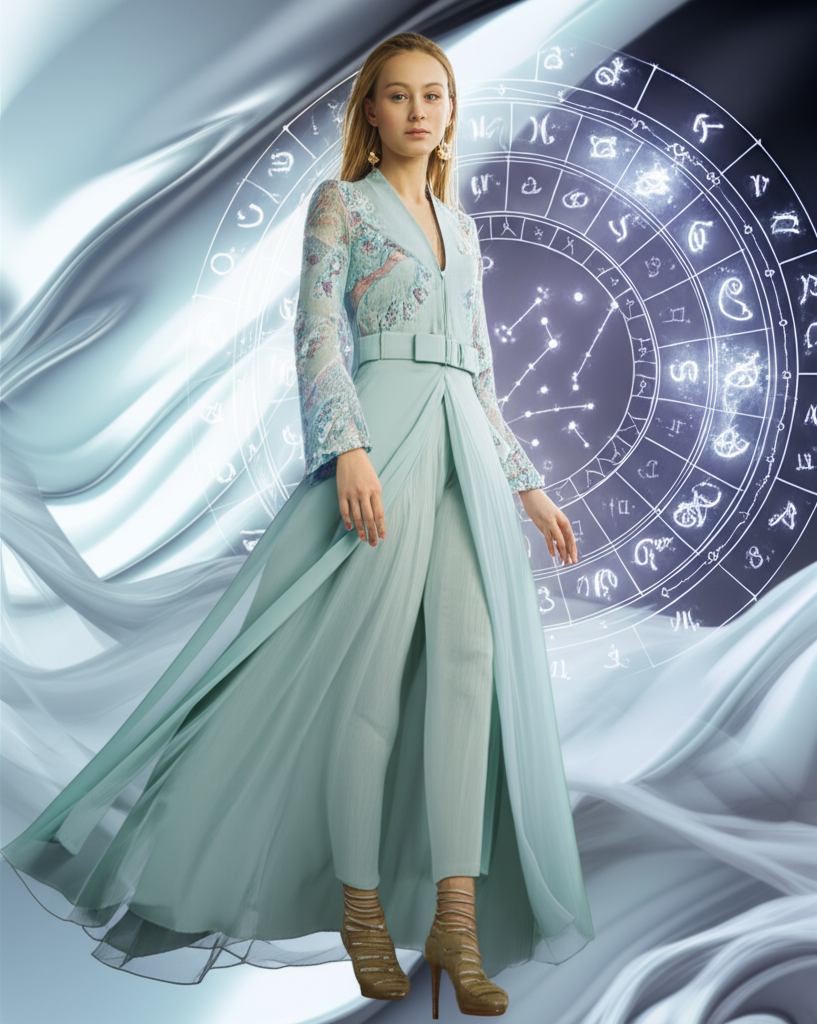 Женщина в элегантном наряде, окруженная абстрактными астрологическими символами и элементами моды, демонстрирующая, как астрология и мода выбор стиля по звездам могут сочетаться.