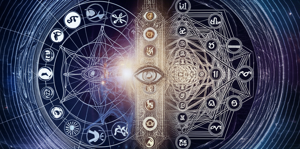 Иллюстрация, символизирующая взаимосвязь астрологии и нумерологии, с изображением зодиакальных знаков, планет и числовых паттернов на фоне звездного неба.