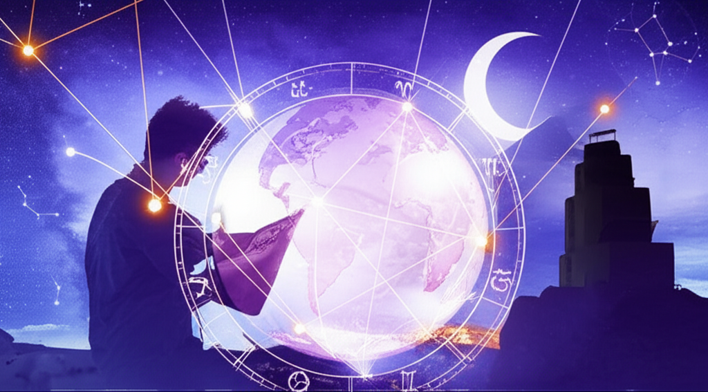 Изображение, символизирующее астрология и переезд, с картами звёздного неба, луной и элементами нового дома.