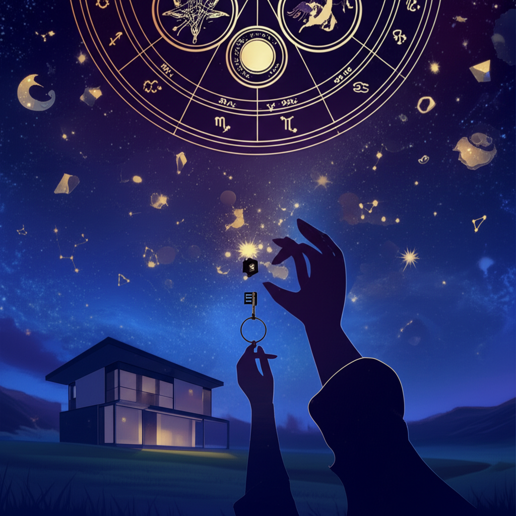 Иллюстрация, изображающая человека, держащего ключ от дома, смотрящего на звездное небо с астрологическими символами, символизирующая связь между астрология и покупка жилья.