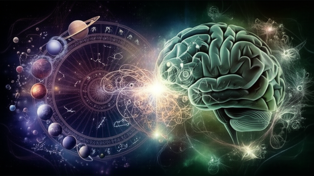 Изображение, символизирующее интеграцию астрологии и психологии: небесные тела сливаются с элементами человеческого мозга, символизируя самопознание через две дисциплины.