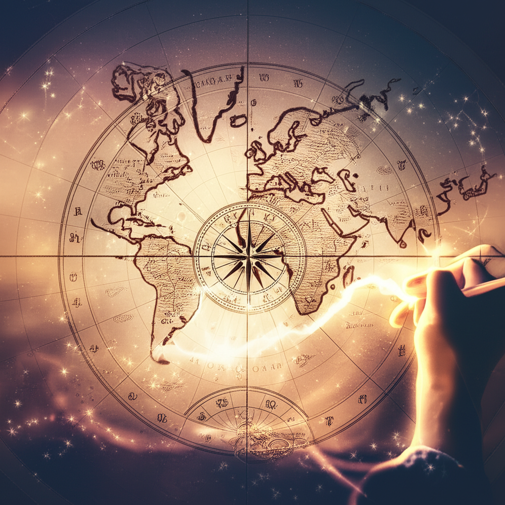 Изображение, символизирующее взаимосвязь между астрология и путешествия, с картами, звездами и знаками зодиака на фоне старинного глобуса.