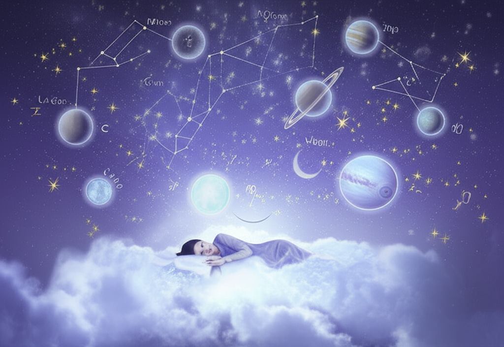 Иллюстрация, изображающая связь между астрологией и сном, с символами планет и зодиака вокруг спящего человека.