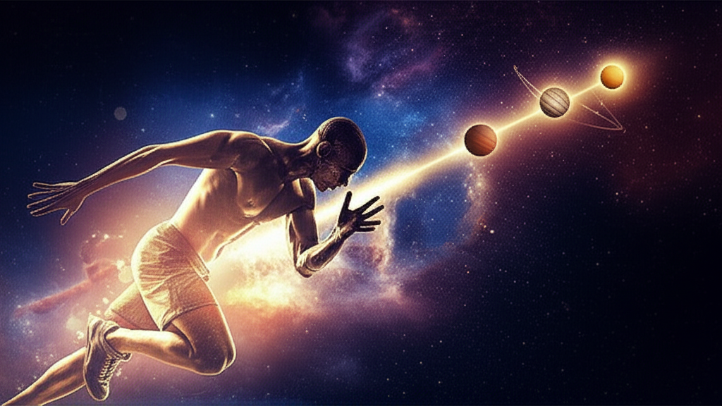 Сюрреалистическое изображение, где спортсмен демонстрирует пик физической формы, а над ним парят планеты и созвездия, символизируя взаимосвязь астрология и спорт.
