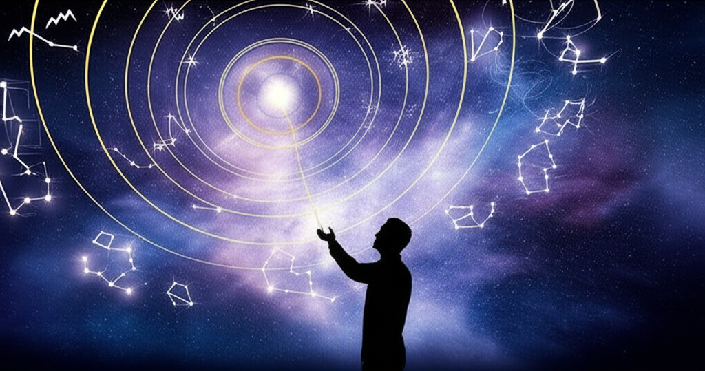 Загадочное изображение, на котором человек смотрит на звёздное небо, усыпанное зодиакальными символами и планетами, что символизирует взаимосвязь между астрология и судьба.