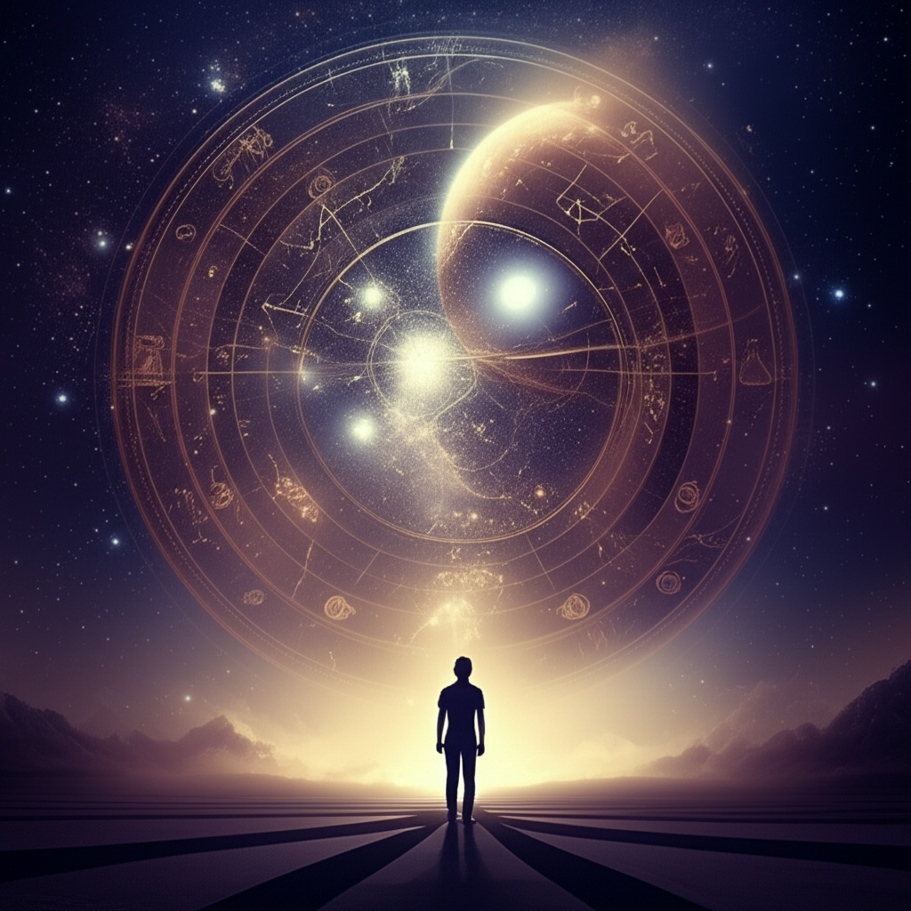 Изображение демонстрирует символическое представление выбора человека между влиянием космоса и личными решениями, отражая тему астрология и свобода воли.
