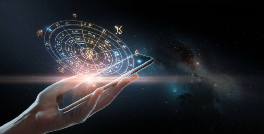 Современная астрология и технологии: цифровая натальная карта на экране смартфона на фоне космоса.