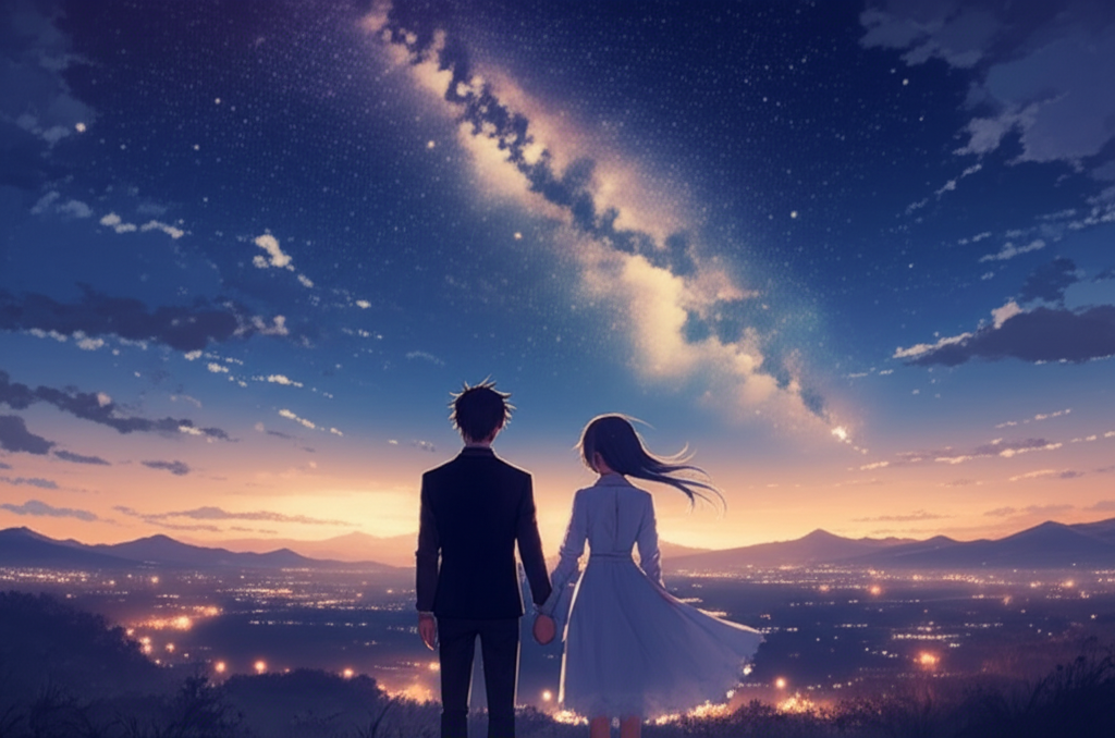 Романтическая пара, держащаяся за руки на фоне ночного неба, усеянного звездами, символизирующая Астрология и выбор даты для свадьбы.