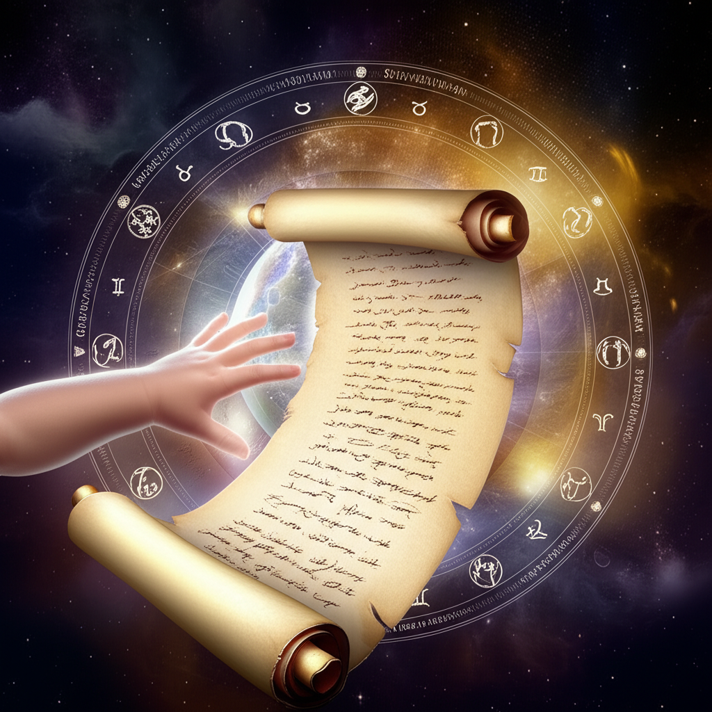 Космическая иллюстрация, символизирующая астрология и выбор имени для ребенка среди звезд и планет.