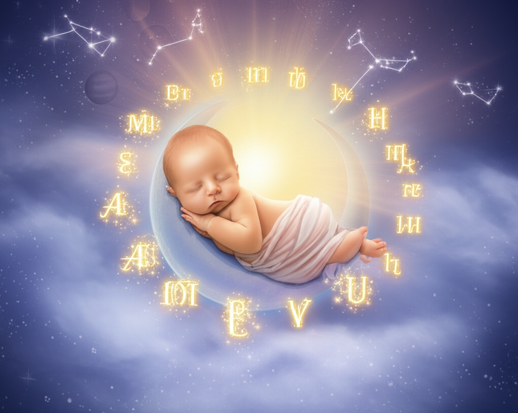 Завораживающее изображение, демонстрирующее, как астрология и выбор имени для ребенка могут быть символически представлены в виде спящего младенца под звездным небом, окруженного планетами и буквами имен.