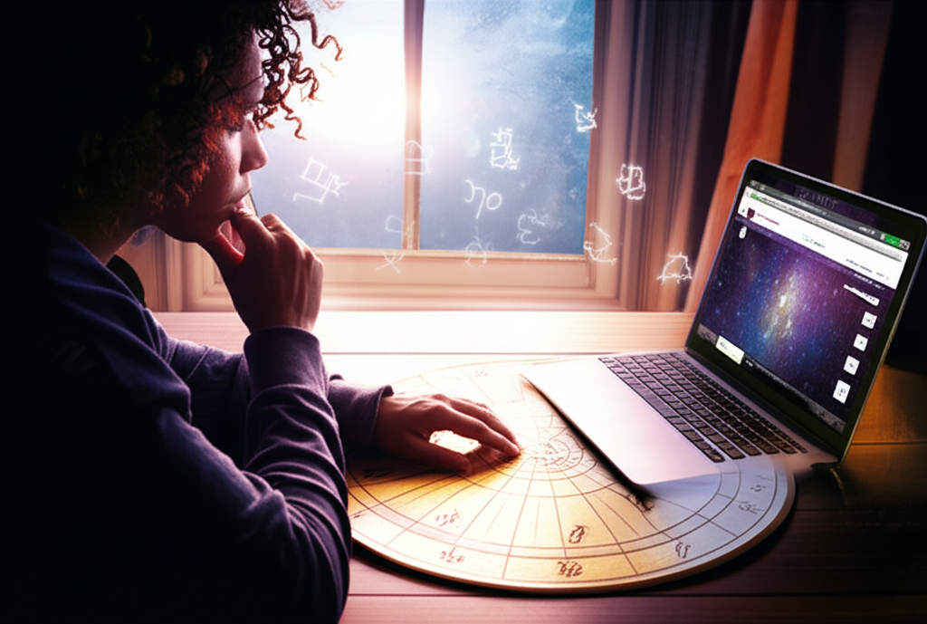 Человек изучает натальную карту и одновременно смотрит на экран ноутбука, символизируя размышления о том, как Астрология и выбор профессии могут быть связаны.
