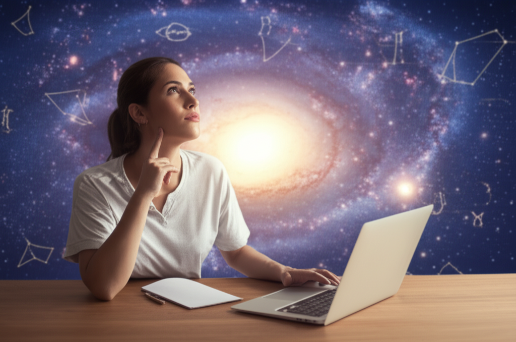 Изображение человека, размышляющего о будущем, с элементами звездного неба и зодиакальных символов, иллюстрирующее концепцию астрология и выбор профессии по звездам.