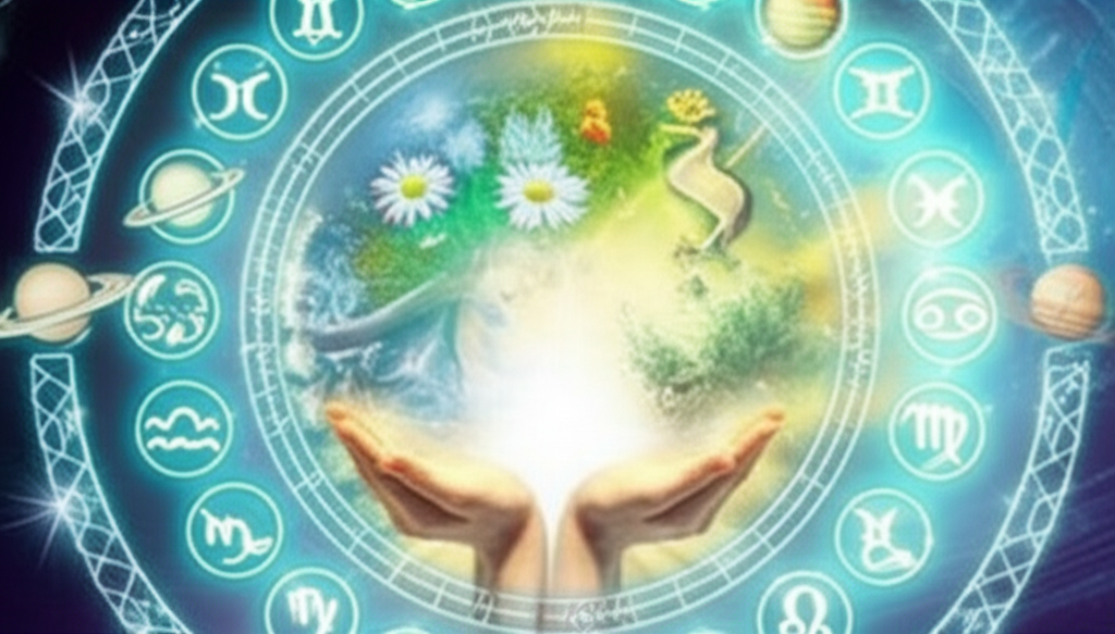Иллюстрация, демонстрирующая астрология и здоровье по знакам зодиака, с символическими элементами гармонии и благополучия.