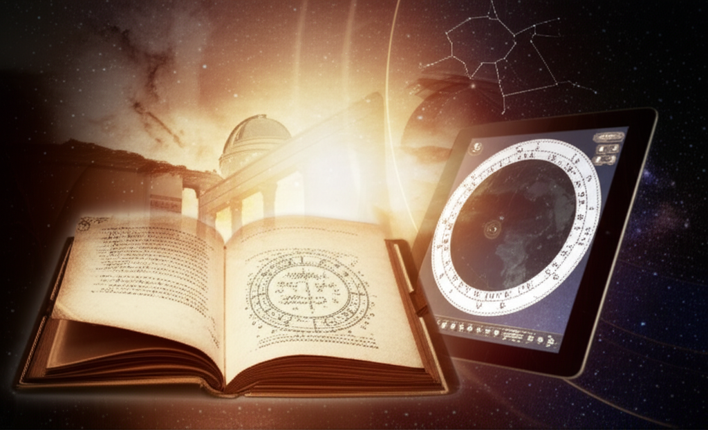 Изображение демонстрирует астрологическую карту, старинные манускрипты и символические элементы, подчеркивая концепцию астрология как герменевтическая наука и ее глубокую связь с человеческим пониманием.