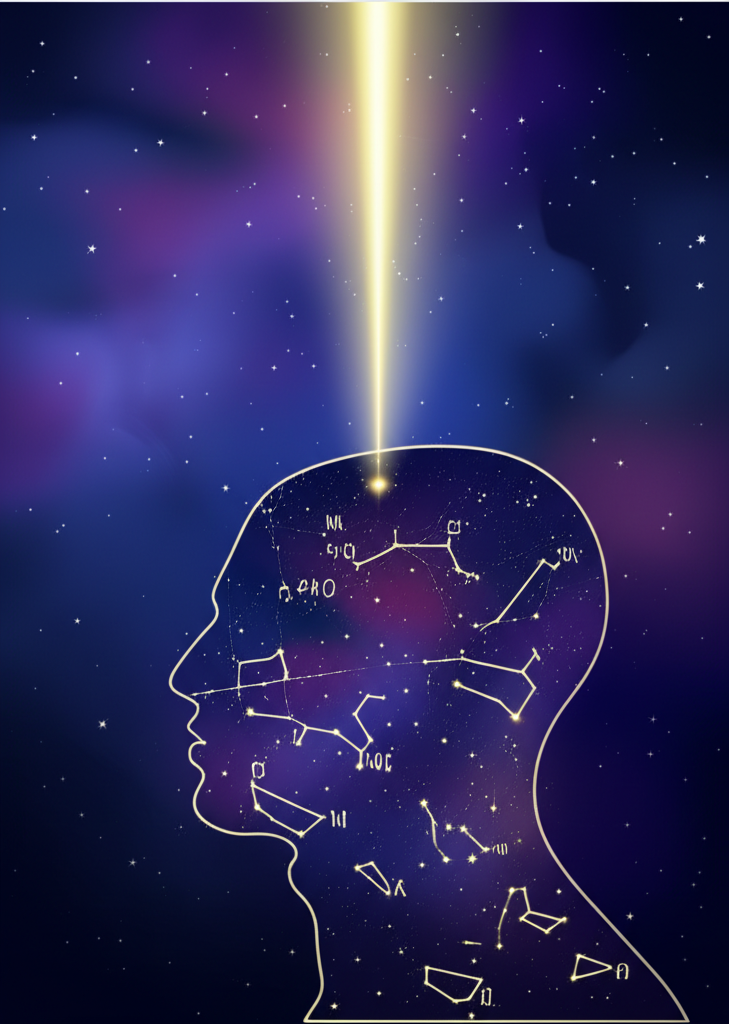 Символическое изображение, где астрология как путь саморазвития показана через силуэт человека со звездной картой внутри.