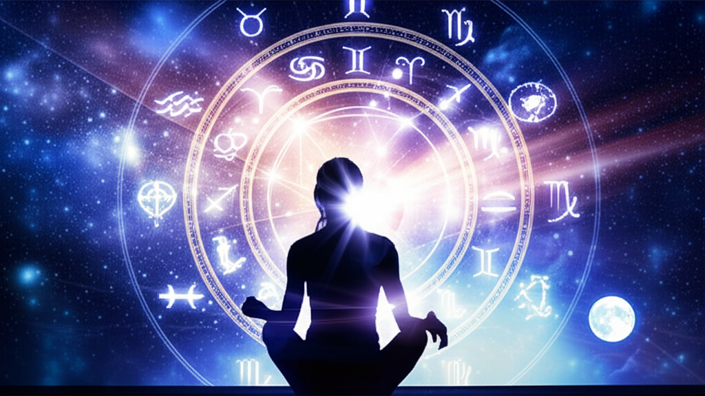 Изображение демонстрирует, как астрология помогает в жизни, показывая человека, связанного с космическими элементами, символизирующими самопознание и руководство.