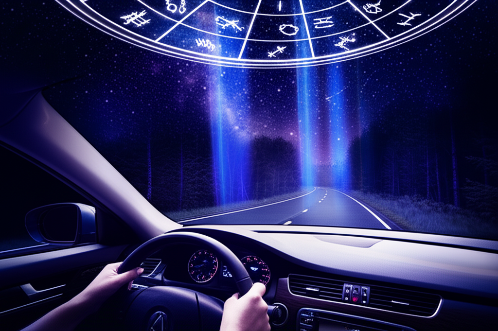 Астрологическая карта на фоне ночной дороги, иллюстрирующая, как звезды влияют за рулем