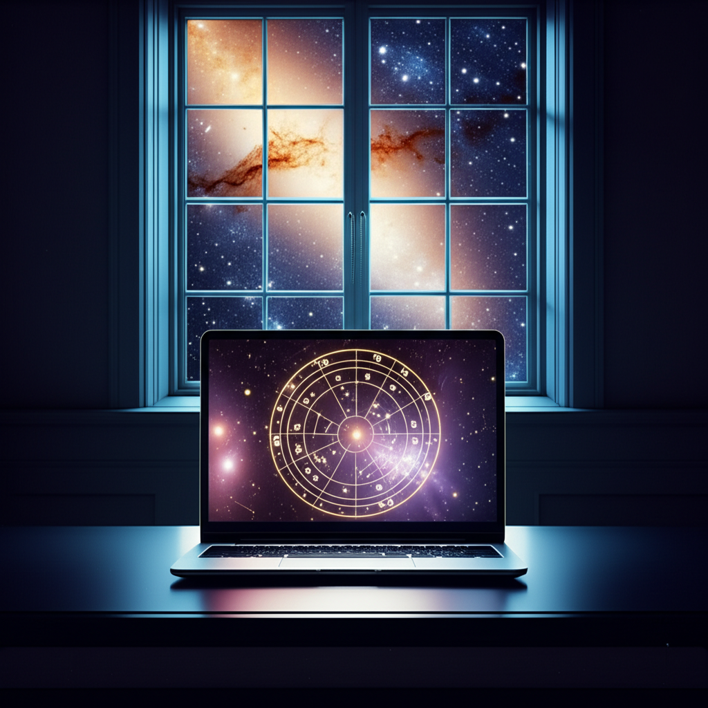Персональная астрология онлайн: на экране ноутбука светится натальная карта на фоне космоса.