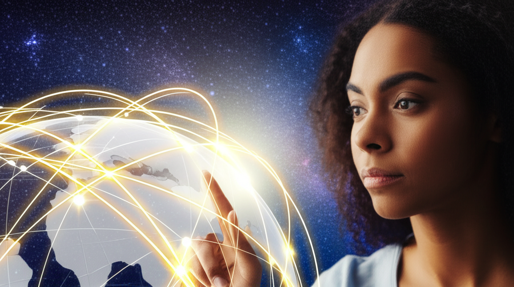 Карта мира с астрологическими линиями и человеком, изучающим глобус, символизирующая астрологию переезда и выбор страны для новой жизни.