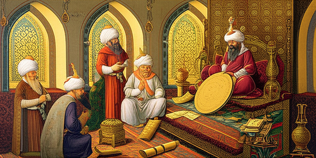 Изображение демонстрирует сцену, где астрология при дворах халифов активно практиковалась, с ученым, объясняющим небесные карты халифу.