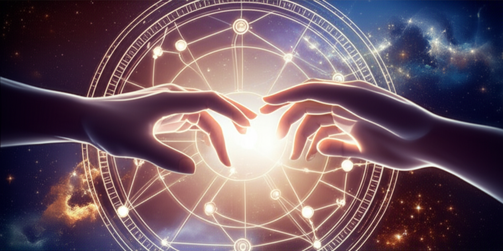 Изображение демонстрирует руки мужчины и женщины, переплетенные на фоне звездного неба с астрологической картой, символизирующей астрологию совместимости для брака по датам и глубокую связь.